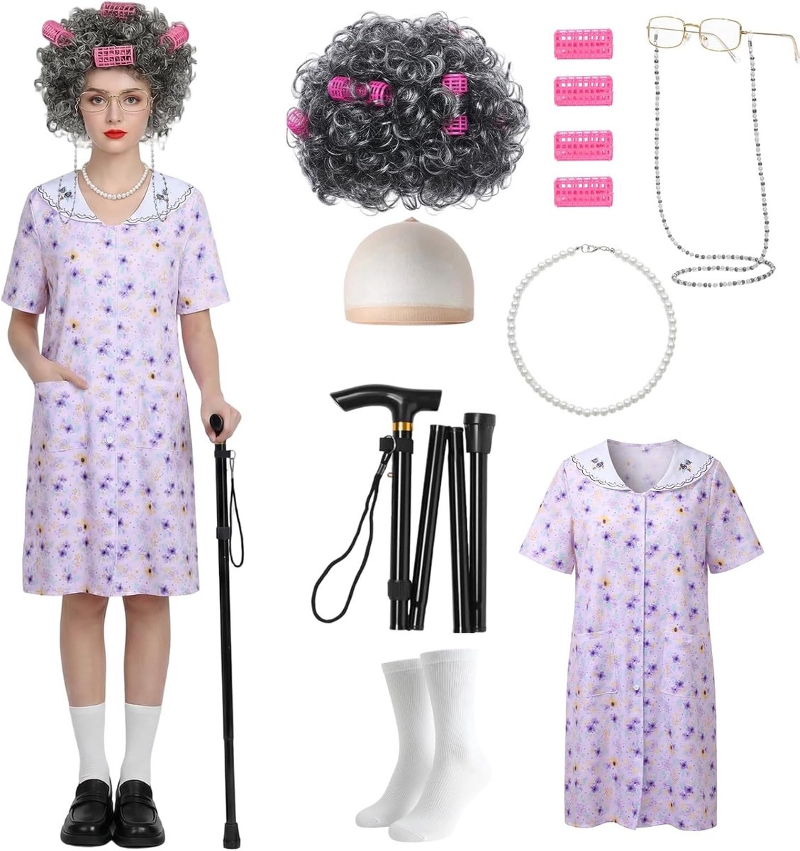 Vrouwelijk kostuum voor een oude dame met pruik, bril en parelketting voor Halloween en carnaval