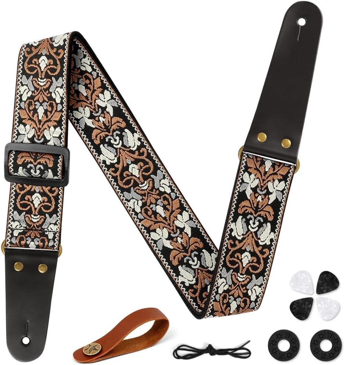 Vintage Gitaartas met Borduursel, Leer en Straps Knoppen, Inclusief 4 Plectra en Straps Locks