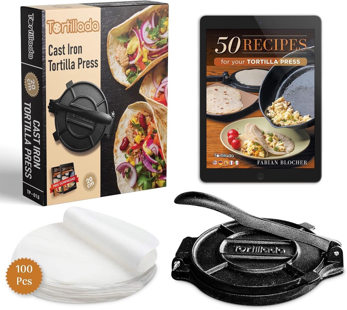 Tortilla Pers - Gietijzer - Inclusief E-Book en 100 Vel Bakpapier - Voor Tacos, Wraps en Platbrood