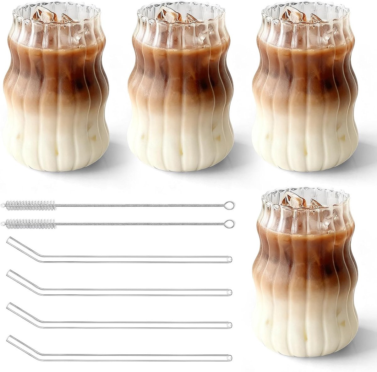 Latte Macchiato Glazen Set - Borosilicaatglas - Cloud Stripe Design - Inclusief Rietjes en Borstels - Voor Koffieliefhebbers