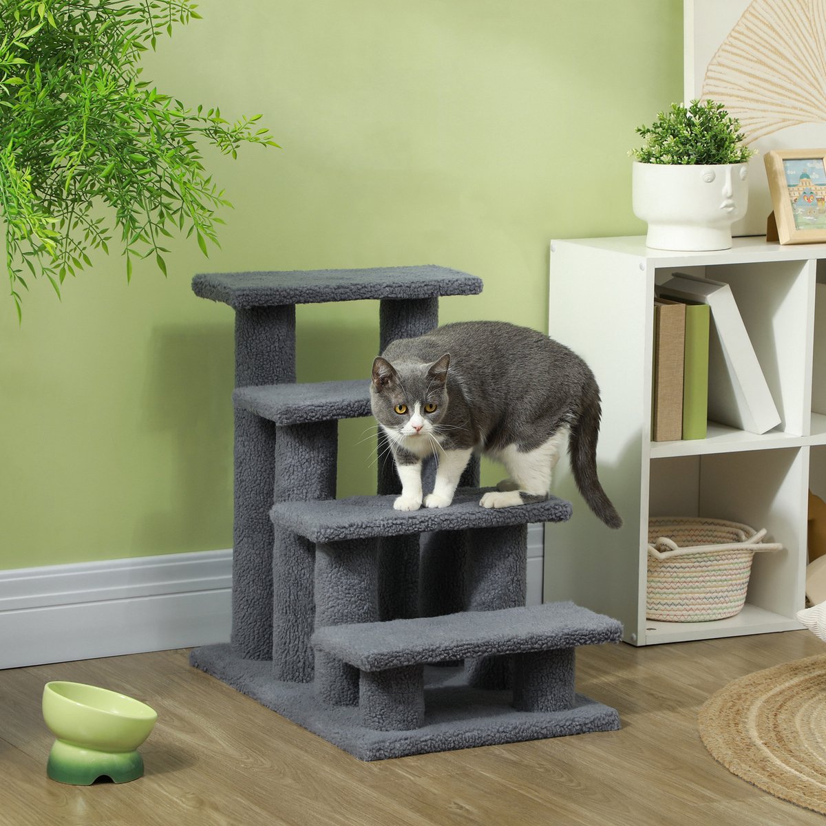 MIVRAY Kattentrap – 4 Treden Voor Gemakkelijk Op En Afstappen – 63,5 x 43 x 60 cm – Pluche En Spaanplaat – Grijs – Voor Katten En Kleine Honden