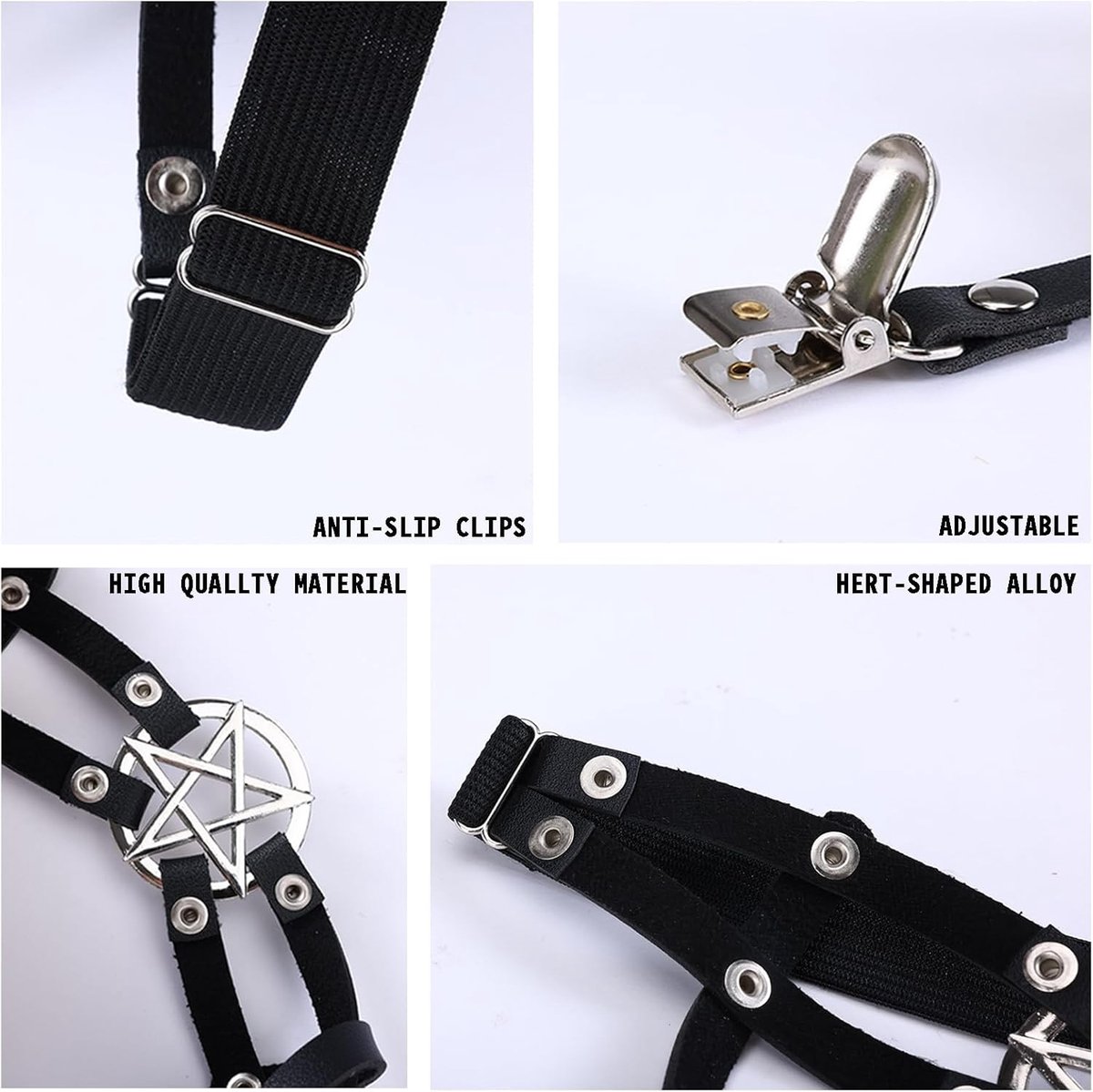 Verstelbare Leren Dijen Garter met Ster en Clips, Punk Goth Garter voor Dijen en Hoge Sokken, Zwart, 2 Stuks