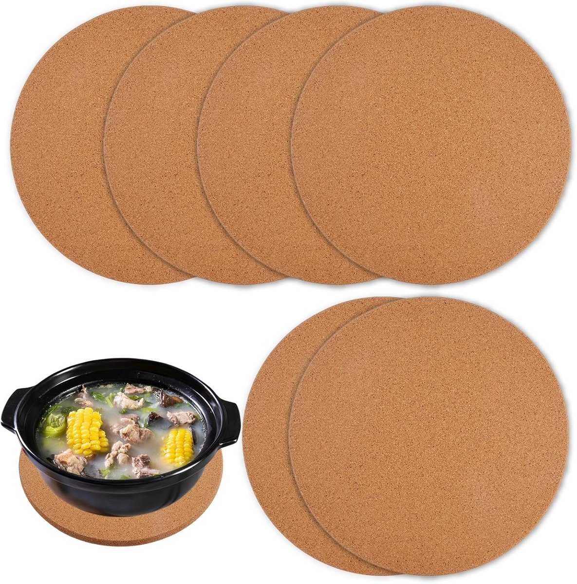 Set van 6 Kurken Coasters van 19 cm voor Pannen, Koken, Planten en Oppervlaktebescherming, 1 cm Dikte, Ideaal voor Kleine Potten en Doe-Het-Zelf Projecten