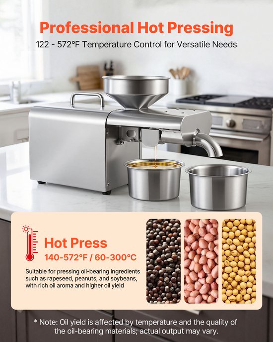 VEVOR Elektrische Oliepers 3,75 Kg/U, Oliemolen 750 W, Automatische Oliepersmachine met Warm Persen van 50 °C Tot 300 °C, Oliemachine Geschikt voor Pinda's, Sesam, Sojabonen en Amandelen, Roestvrij Staal van Vevor — afbeelding 3