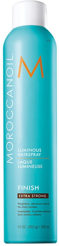 Turquoise Moroccanoil haarlakspray, label met 'Luminous Hairspray Extra Strong'.
