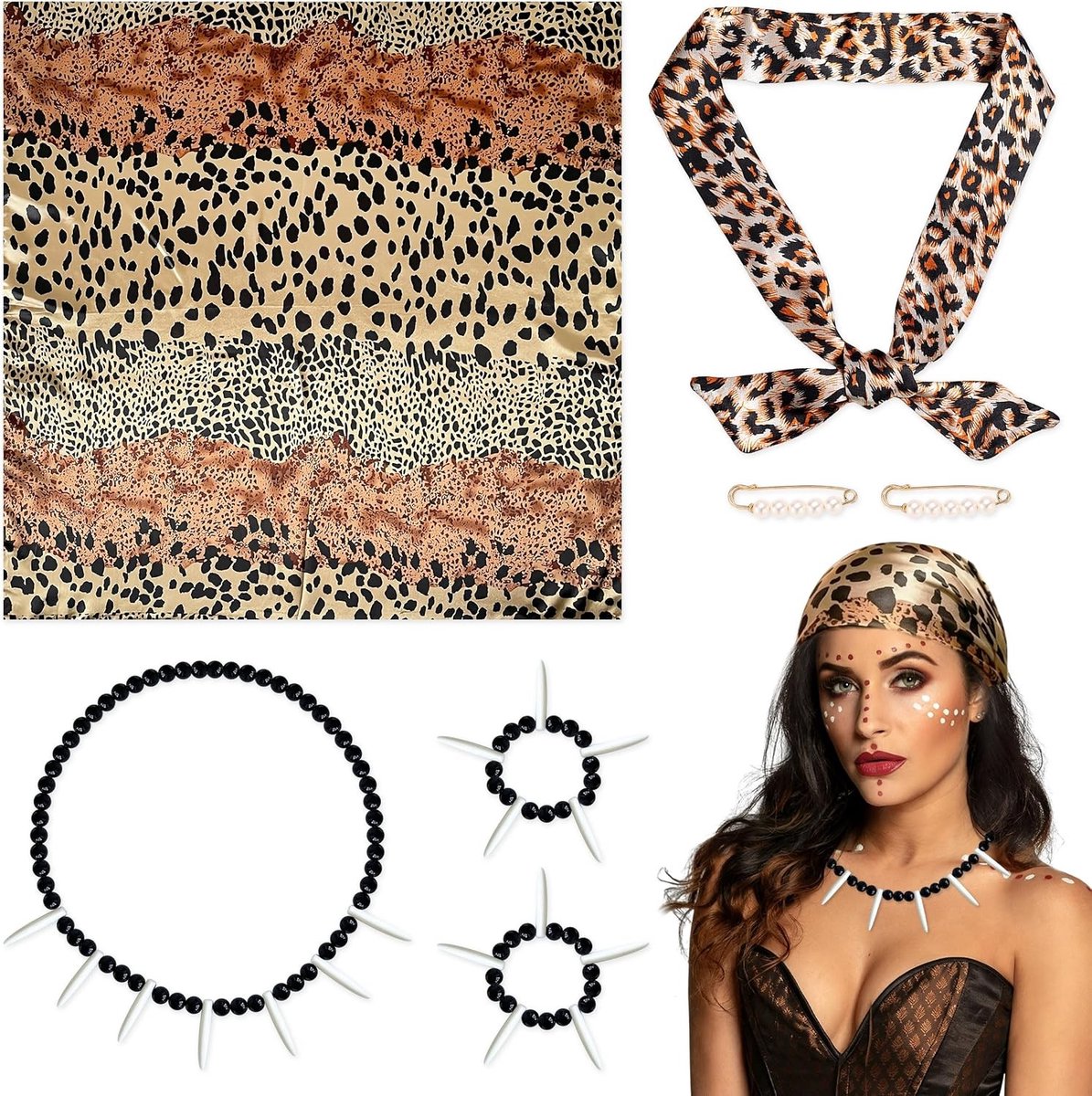 7-delige kostuumset voor mannen met prehistorische accessoires, inclusief ketting en armbanden, ideaal voor carnaval en themafeesten