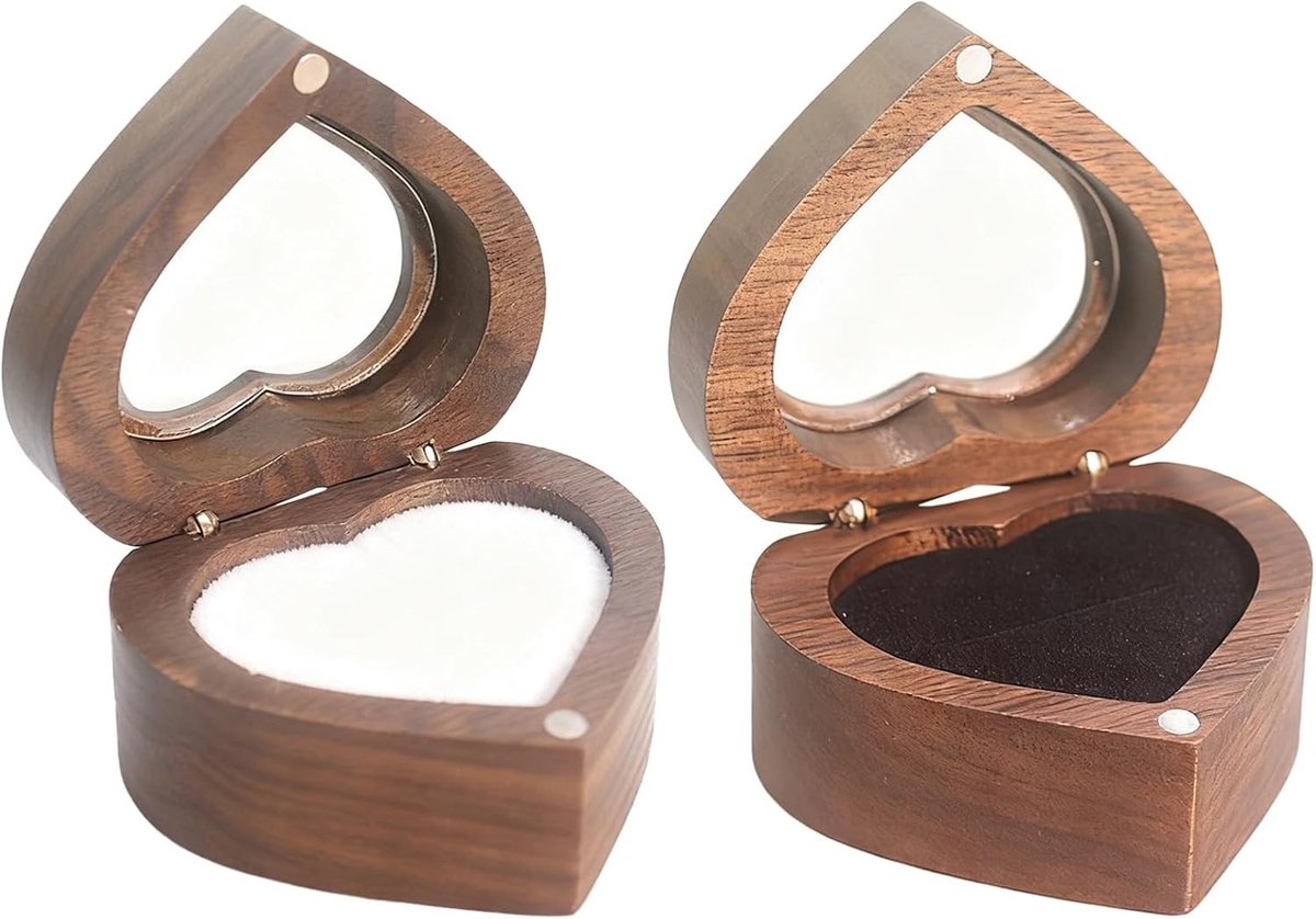 Hartvormige ringdozen set van 2, elegante ringhouder voor bruiloft en verloving, zwart-wit met venster, 6 x 5,5 x 3,5 cm, perfecte cadeau verpakking voor trouwringen en sieraden