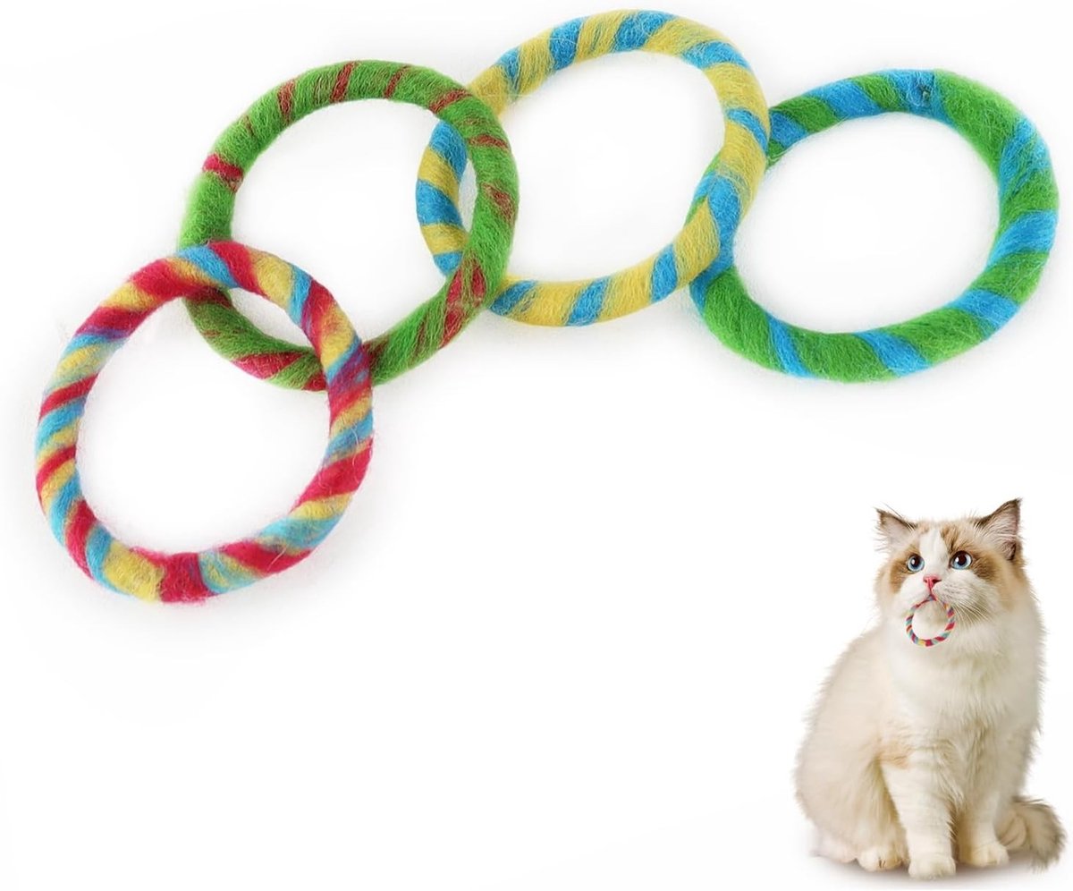 Interactief kattenspeelgoed voor katten van alle leeftijden, gekleurde wol, henneptouwringen voor jagen en kauwen binnenshuis, 4 stuks
