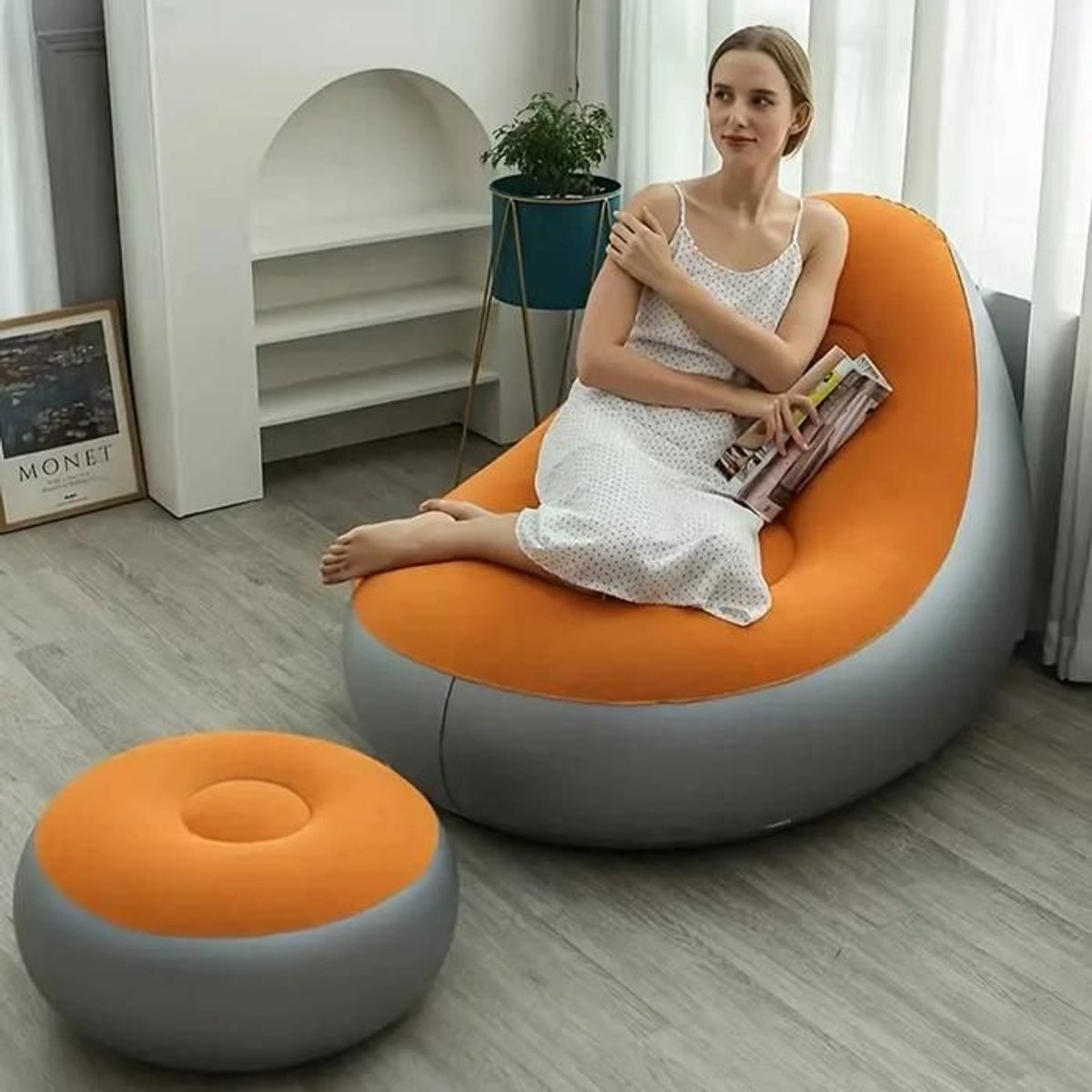 LISM-Opblaasbare bank met voetensteun, opblaasbare fauteuil voor buiten, opblaasbare zitzak voor gamen en kamperen, oranje