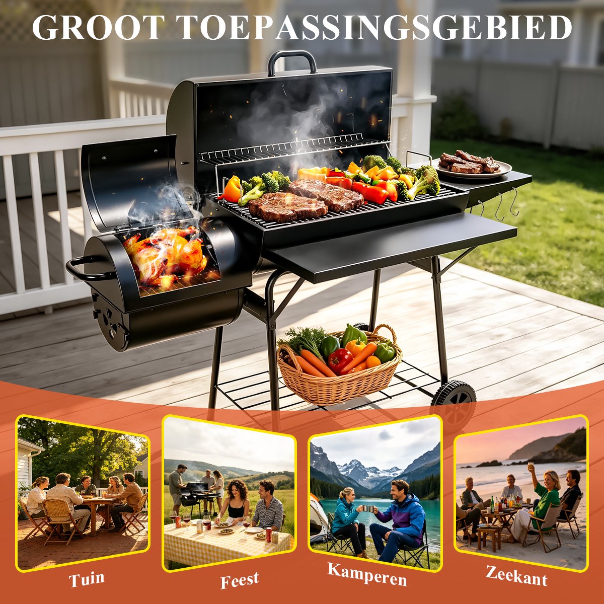 Houtskool BBQ XXL - Houtskool Grill met Offset Smoker - BBQ-grill met Zijtafel - Buiten Koken - Kamperen en Picknicken in de Tuin - Terras en Feestjes - Smoker Barbecue Zwart thumbnail 3