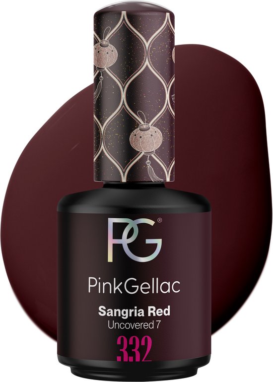 Pink Gellac flesje in kleur Sangria Red 332 Uncovered 7 met een patroon op de dop.