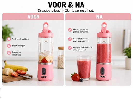 COCHO® Blender To Go - Smoothie Maker - Roze - Oplaadbare Mini Blender - Smoothies & Shakes - Draadloos & Draagbaar - Fruit Mixer - USB Oplaadbaar - 400ML van COCHO® — afbeelding 3