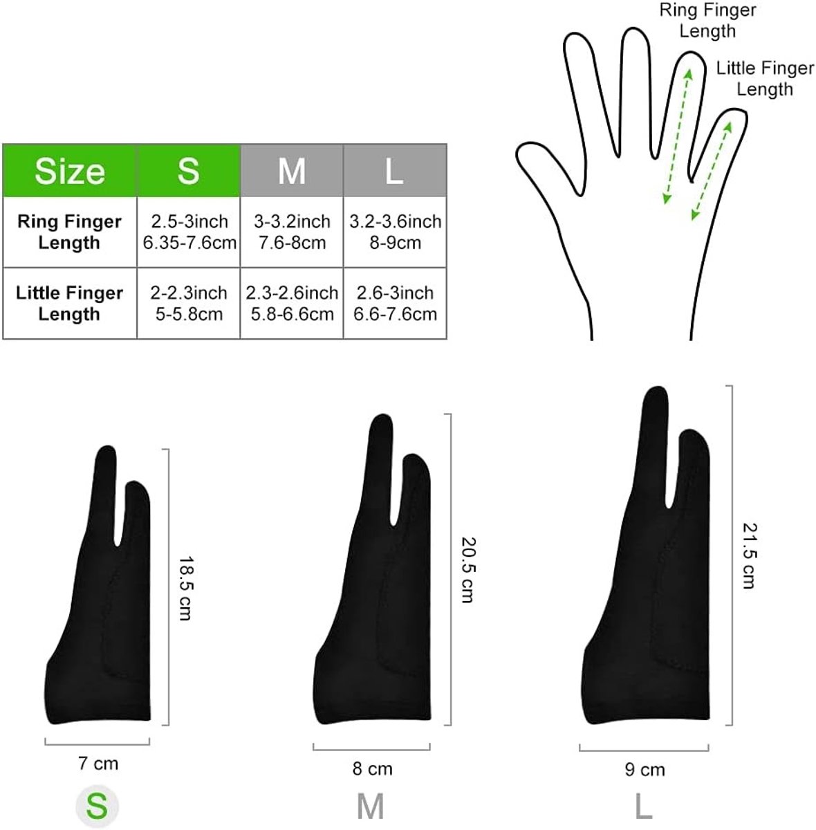 Set van 2 Tekenhandschoenen voor Grafische Tablets, Antivuil, Elastisch Stof, Tweevingerhandschoenen voor Links- en Rechtshandigen, Maat S, Ideaal voor Kunstenaars en Illustratoren
