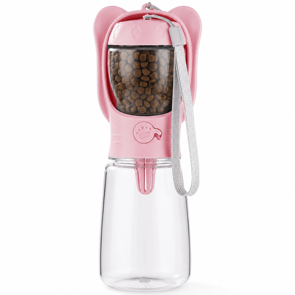 VHV Honden Drinkfles - 2-in-1 Waterfles met Voerbak - 550 ml Water en 100 ml Voer - Lekvrije Reisfles voor Honden - Eénhandige Bediening - Voor Wandelen Reizen en Uitstapjes - Roze