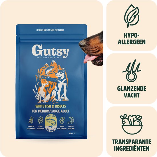 Gutsy hondenvoer zak met hond, hyporallergeen, glanzende vacht en transparante ingrediënten.