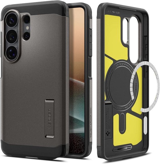 Donkergrijs Spigen Tough Armor hoesje met standaard, naast een telefoon.