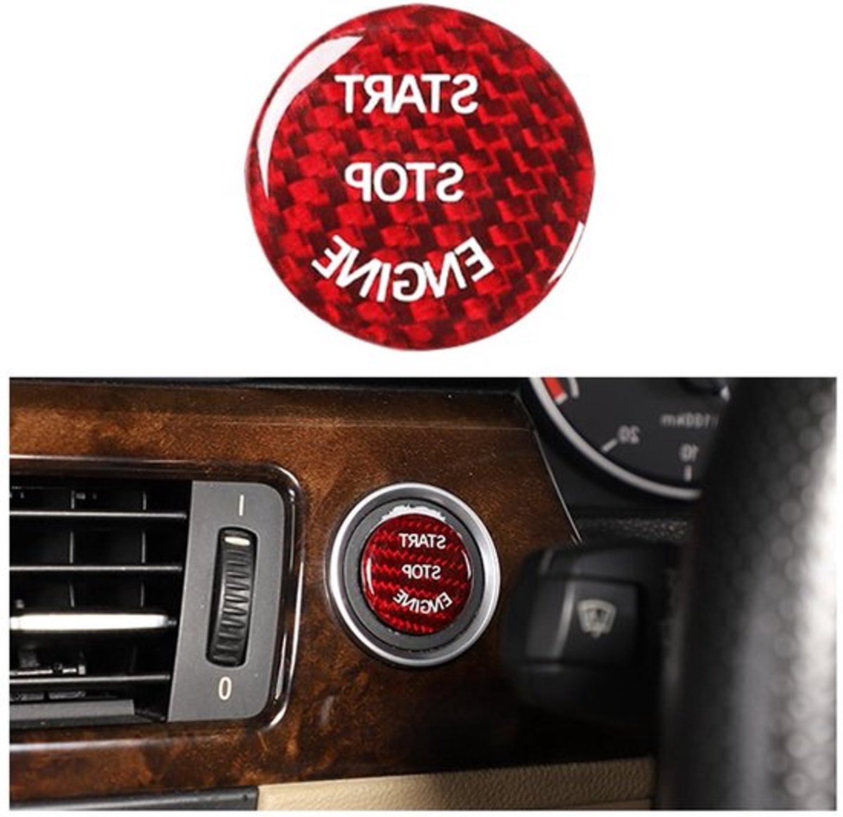 Decoratieve Sticker voor Auto Startknop Aan/Uit - Carbon Fiber (Rood)