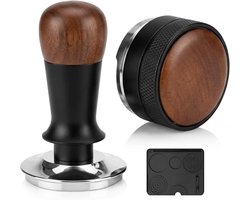 Espressostamper en verdelerset met siliconen mat, verstelbare diepte en walnoothandvat voor 58 mm portafilters, perfect voor koffie liefhebbers en barista's