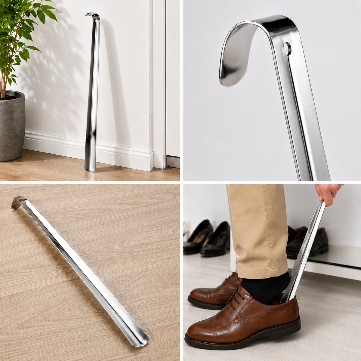 Benza – Schoenlepel Extra Lang – 51 × 4 cm – Verchroomd RVS – Met Ophangoog – Comfortabel Zonder Diep Bukken