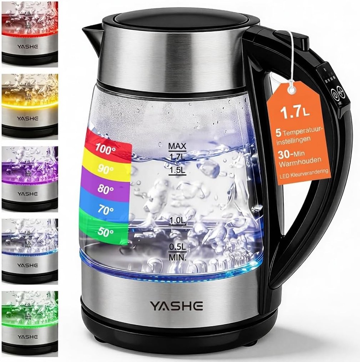 SnelShoppen - Elektrische Glas Waterkoker met Temperatuurregeling 1,7L, 2200W Snelkoker met 5 Kleuren LED-verlichting, Droogkookbeveiliging, Automatis