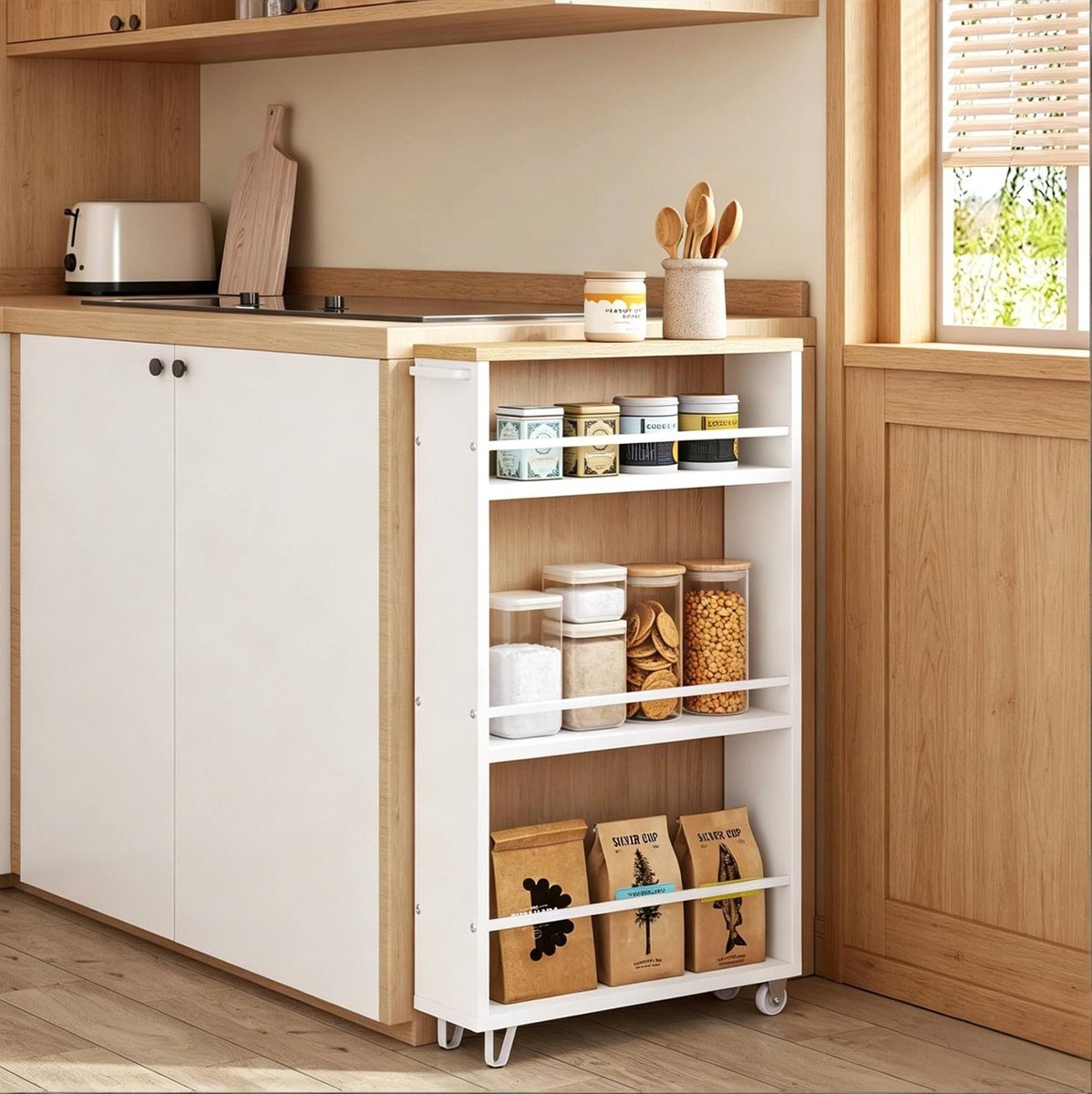 MIVRAY Keukenwagen – Smal Opbergrek Met Wielen – 47 x 13 x 80 cm – Hout En Metaal – Wit En Licht Eiken – Voor Kieren En Keukenopslag