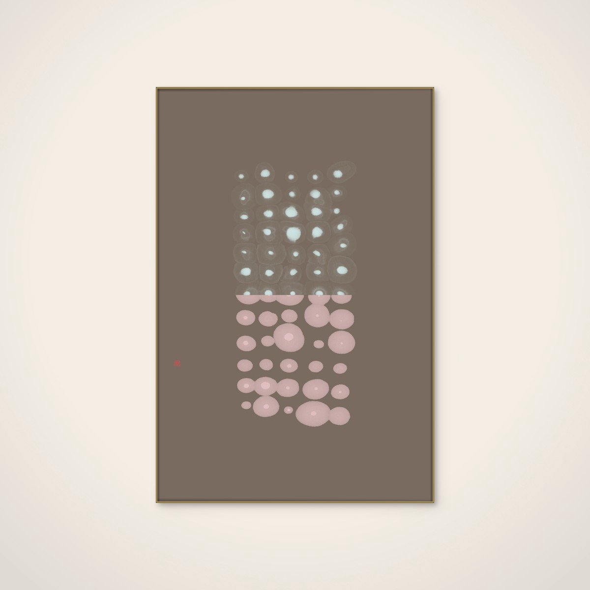 Akoestisch schilderij - 60 x 90 cm - Glowing Pink Blue Circles van Thoth Adan - Geometrische wanddecoratie - goud textielframe