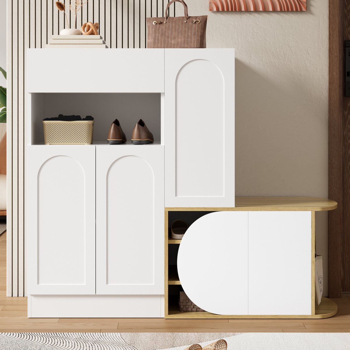 MODFU - Schoenenkast Met Zitbank - Opbergruimte - Wit Houtlook - MDF