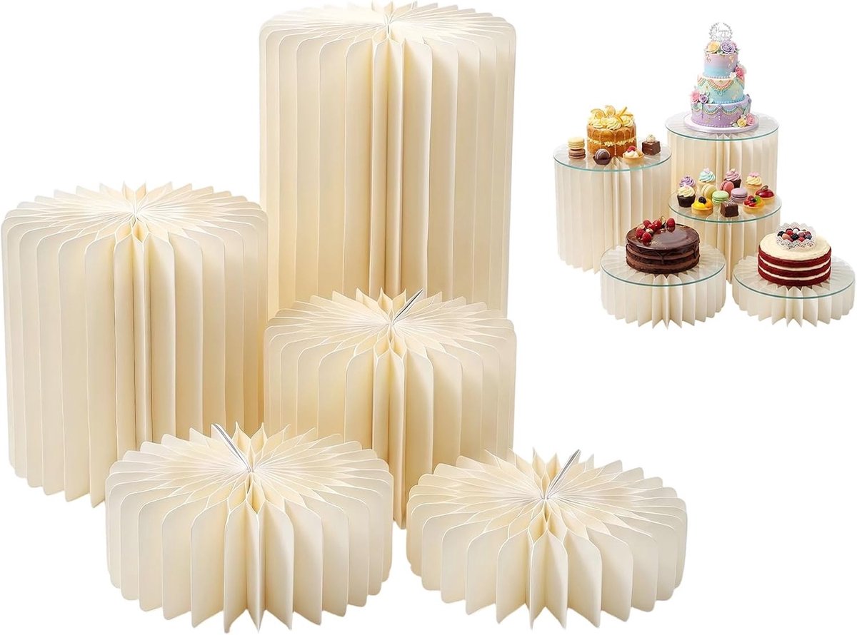 Set van 5 opvouwbare decoratieve zuilen van karton, buffetverhogingen voor bruiloften en verjaardagen, stapelbare en herbruikbare cilinders van 10/15/20 cm
