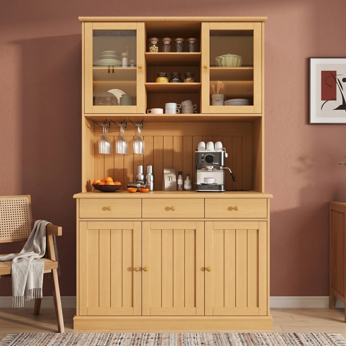 MODFU - Buffetkast - Glazen Deuren - Glazenhouder - Natuurhout - 120 X 40 X 191 Cm