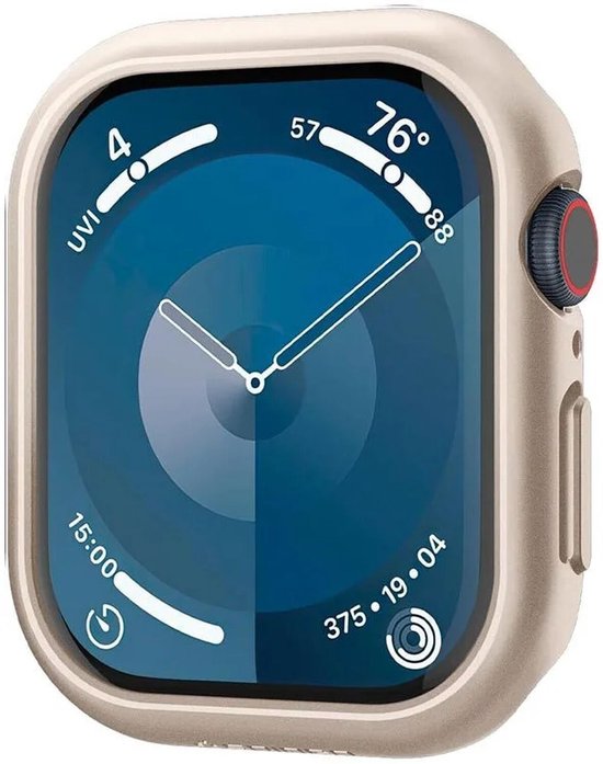 Starlightkleurig Spigen hoesje op een Apple Watch.