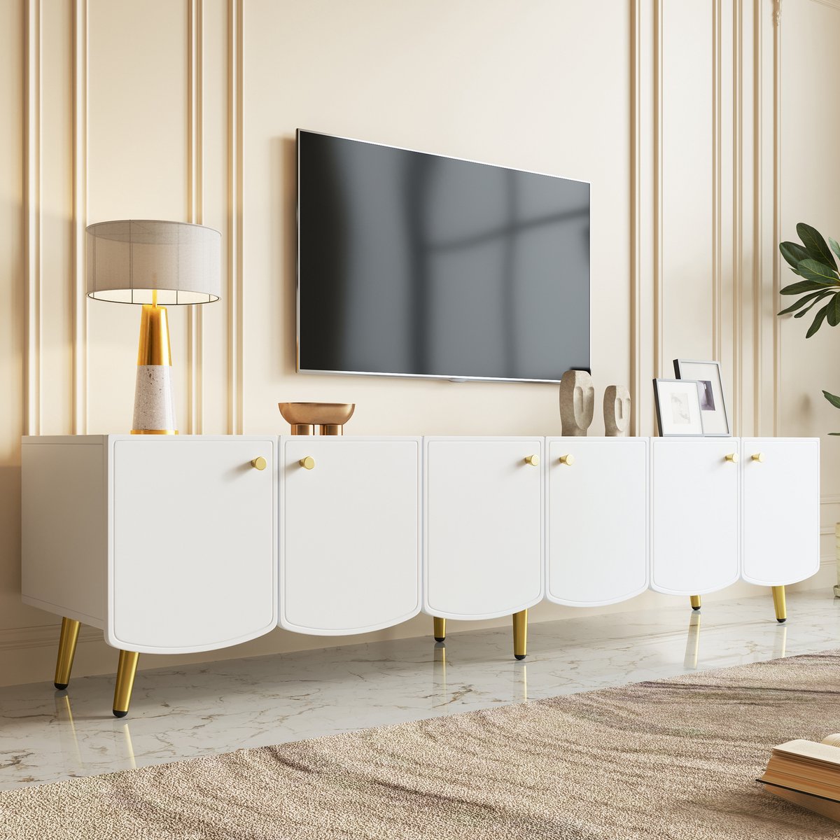 MODFU - Tv Meubel - Modern - Wit - Gouden Poten - 180 X 40 X 45 Cm