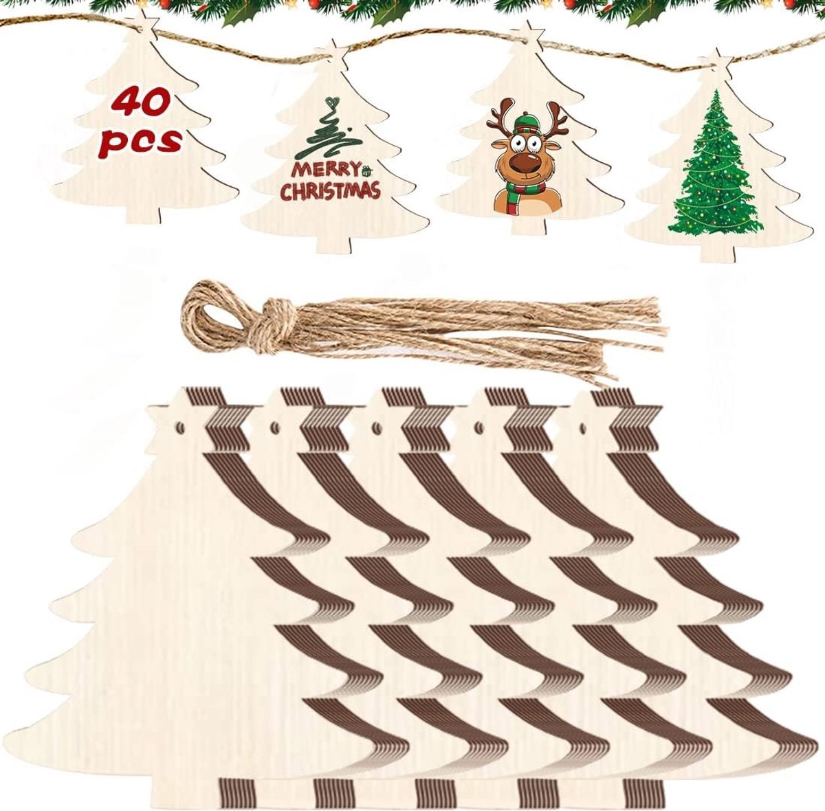 DIY Kerstdecoratie Set met 40 Stukken: Houten Kersthangertjes, Sneeuwvlokken, Cadeaupendants en Boomdecoraties voor Creatieve Knutselprojecten