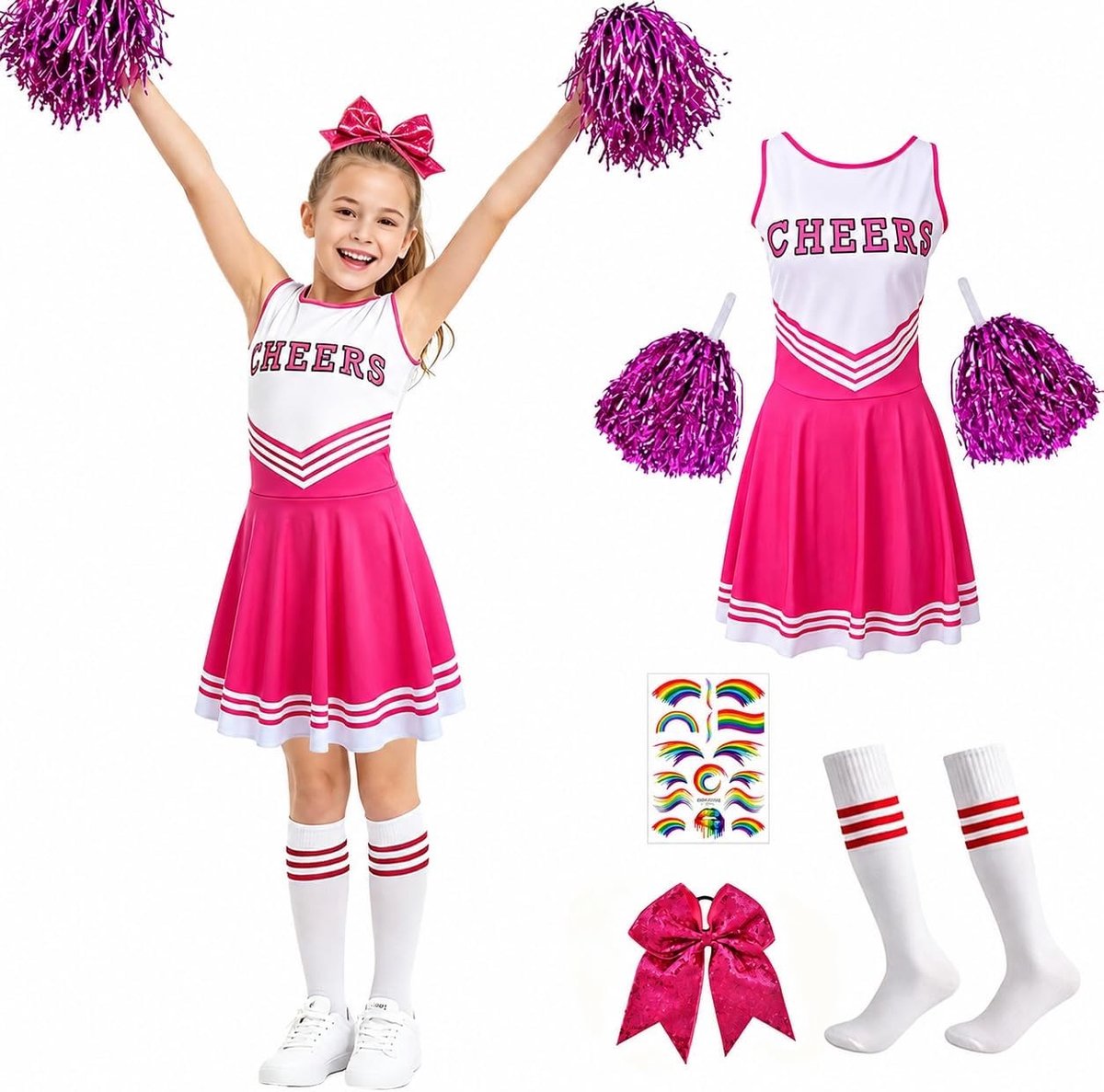 Leuke Cheerleader Kostuum voor Meisjes met Pompoms, Sokken en Haarbanden voor Sportevenementen, Rollenspellen en Halloween Feesten