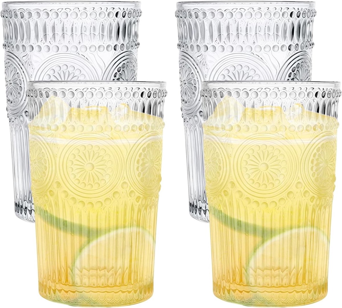 Romantische Drinkglazen Set van 4, Vintage Waterglazen van 380 ml voor Koffie, Cocktails en Dranken