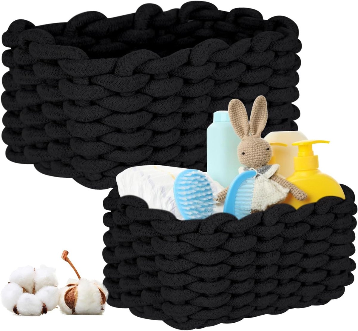 Set van 2 Opbergmanden van Katoen, Gevlochten Rieten Mand voor Kinderkamer, Woonkamer en Badkamer, 27 x 17 cm en 33 x 22 cm, Ruimtebesparend en Stijlvol