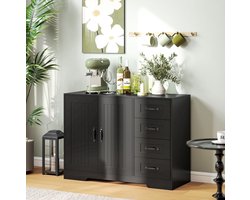 OKWISH Dressoir - Moderne Kommode Met 4 Lades En 1 Kast - 105 x 40 x 76 cm - Verstelbare Plank - Hout Zwart