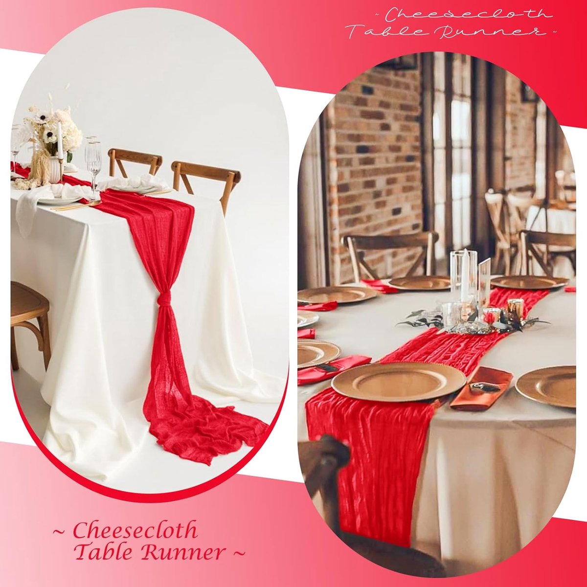 Kaasdoek Tafelloper - Rustiek Gaas - Tafeldecoratie Bruiloft - Romantische Boho Stijl - 55 x 300 cm - Rood