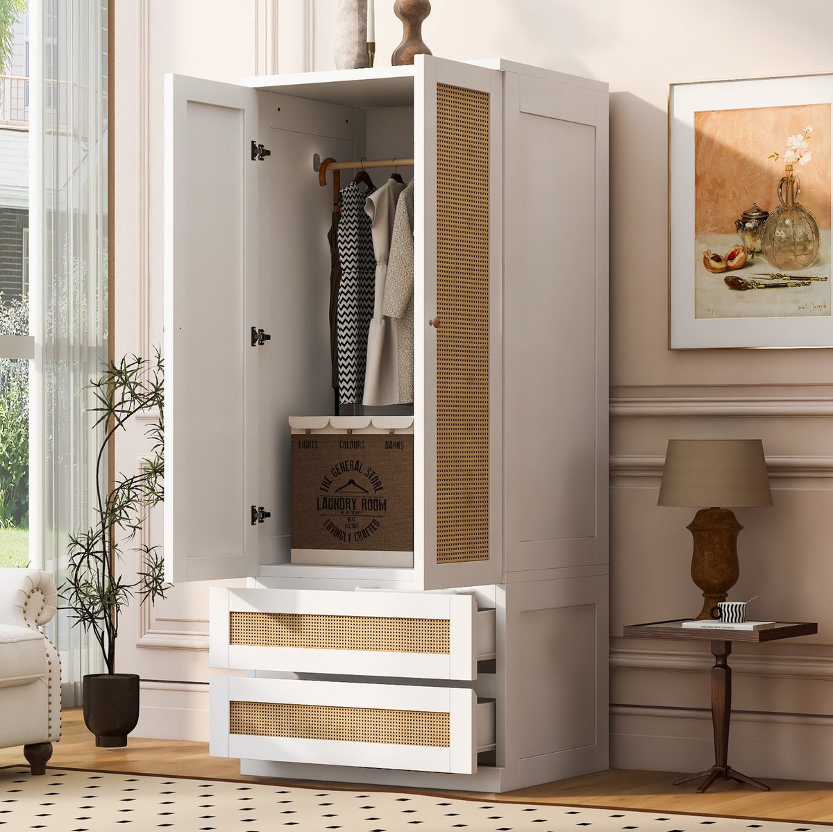OKWISH Kledingkast - Dubbele Deuren Met 2 Lades - 70 x 55 x 170 cm - Veel Opbergruimte Voor Slaapkamer Of Kleedkamer - Hout Wit