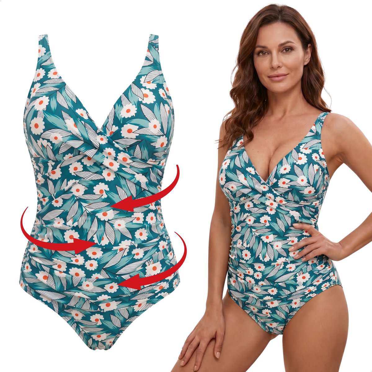 RENALUX - Corrigerend Badpak Dames met Verstelbare Bandjes - Shaping Badpak - Corrigerend Badpakken voor Dames - Groen met Bloemen Print - XL