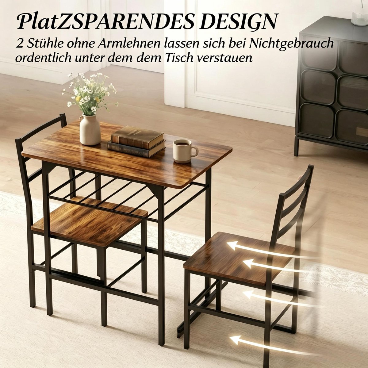 OKWISH Eettafel En Stoelen Set - 80 x 50 cm - Ruimtebesparend Met 2 Stoelen En Opbergplank - Voor Kleine Keuken Of Woonkamer - Metaal En Hout - Zwart Rustiek Bruin