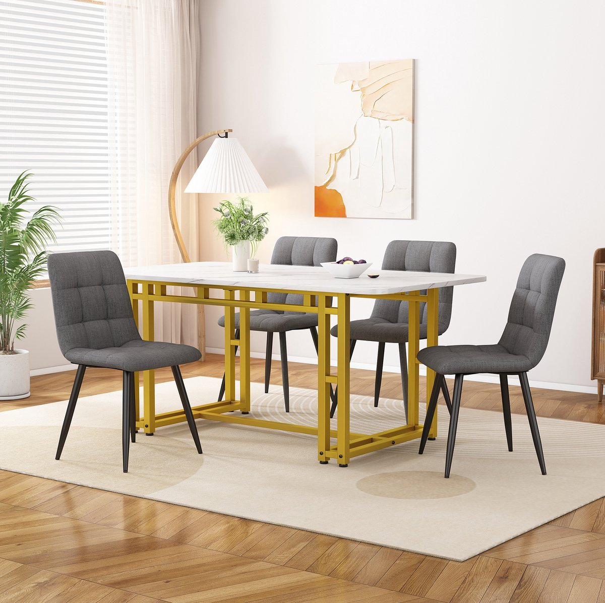 DESMIU Eettafel Set 120 x 70 cm - 4 Stoelen Met Comfortabele Linnen Bekleding - Voor Keuken, Eetkamer En Woonkamer - MDF En Metaal - Grijs