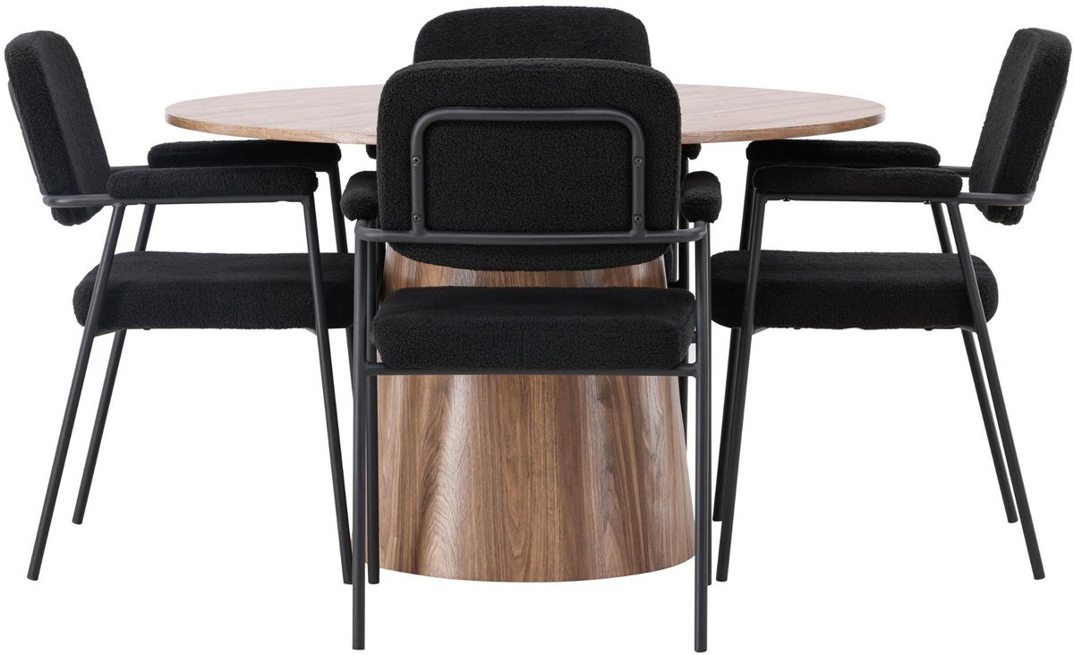 Lanzo eethoek eettafel naturel 4 stoelen bouclé zwart.