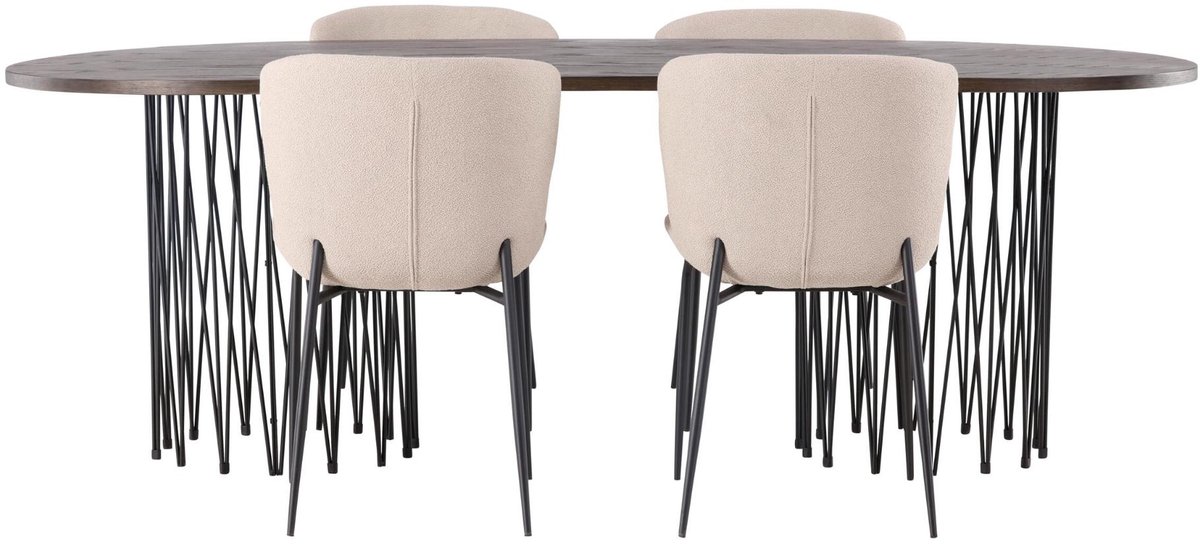 Stone eethoek eettafel mokka 4 stoelen bouclé beige.