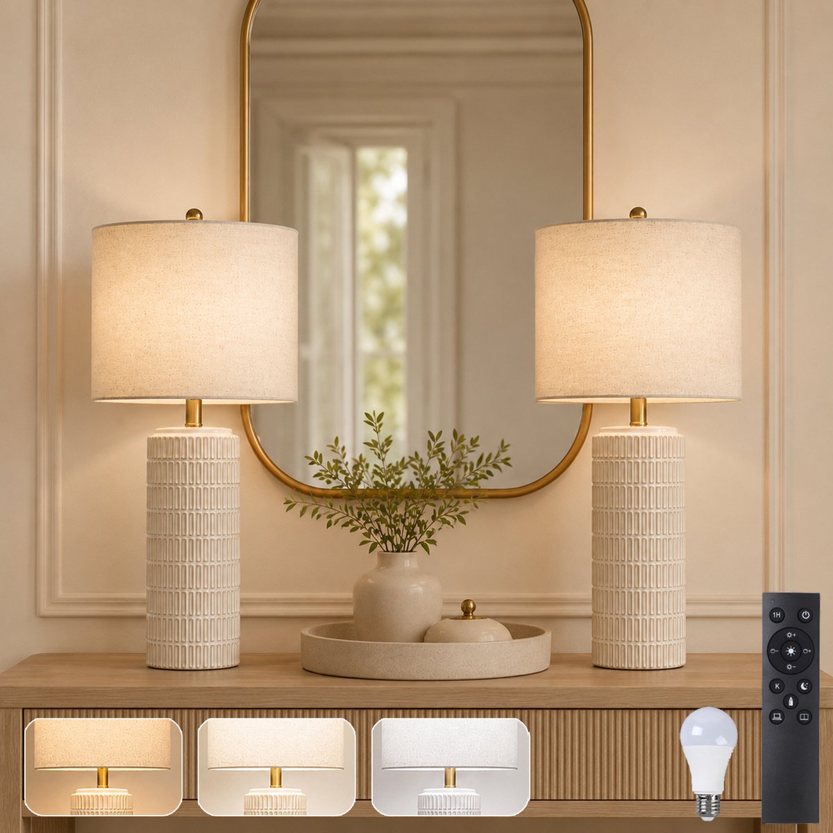 Rosnek Hotel Chique Tafellampen Set van 2 – Keramische & Oogvriendelijke Stoffen Lampenkap - Lamp voor Bijzettafel – Sfeerverlichting voor Hal & Logeerkamer – Klassiek Modern Design – Zachte Lichtspreiding – met Afstandsbediening - Dimbaar