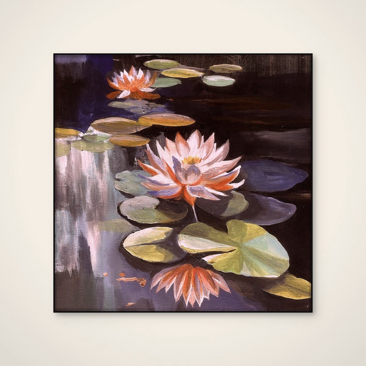 Akoestisch schilderij - 80 x 80 cm - Tranquil Water Lilies van Santhosh ch - Botanische wanddecoratie - zwart textielframe