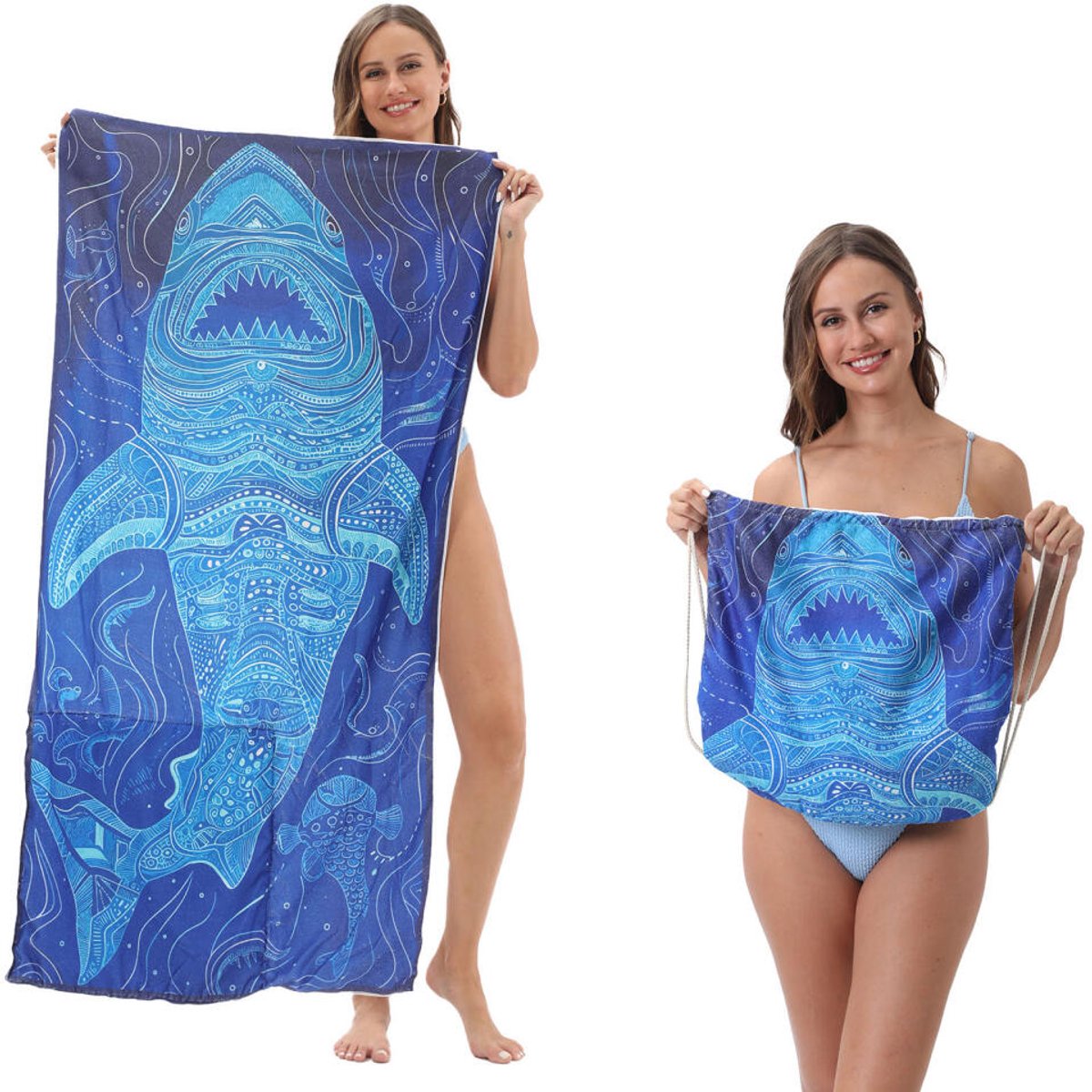 2-in-1 Opvouwbaar Strandlaken 80x160cm - Strandhanddoek - bedrukte badhanddoek - Microvezel - Opbergzak met trekkoord - Strandkleed - Draagbaar - Enkelzijdig - Sneldrogende Reishanddoek - Zandvrij Badlaken - voor zwemmen, yoga - Donkerblauw