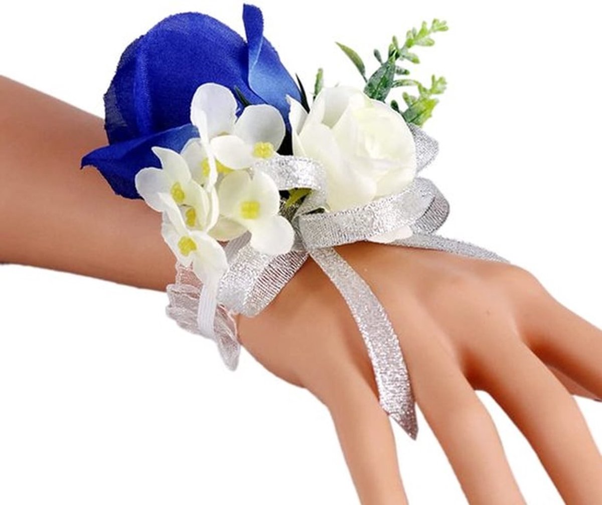 2 stuks bloemen voor pols, korset, bloemen, voor bruiloft, accessoires, roze pols voor bruiloft, knoopsluiting, korset, kunstbloem, korset, armband, voor feest, bruiloft, bal, blauw