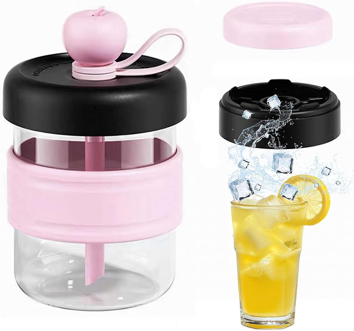 Drinkbeker met Rietje – 3-in-1 Drinkbeker met IJsvorm – 500 ml – Lekbestendig – Herbruikbare Waterfles – Voor Thuis, School & Onderweg – Appelvorm – Roze – 1 Stuk