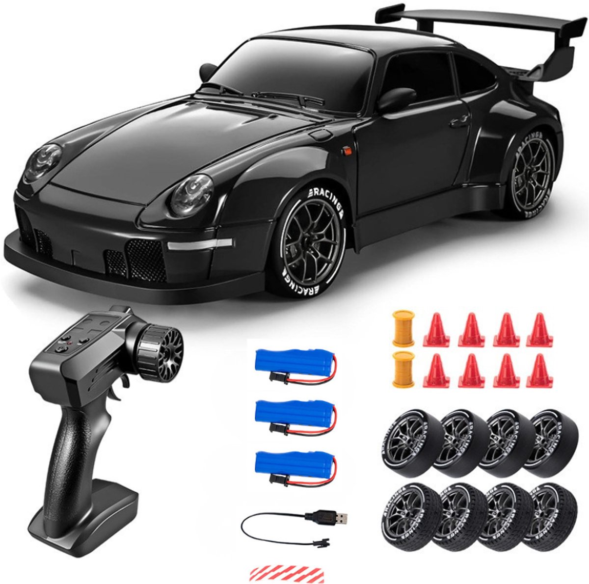 Livista Bestuurbare Auto - Snelle RC Drift Auto 1:24 – Drift Raceauto met 4WD – Afstandsbestuurbare Auto – 20 km/h – LED Verlichting – 3 Oplaadbare Accu’s – Driftbanden – Zwart