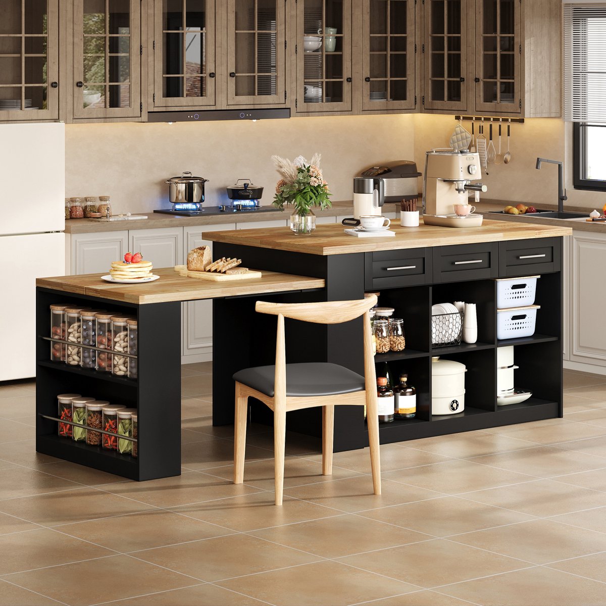 Keukeneiland Met Uitziehbare Eettafel - Zwart MDF Met Houtlook Werkblad - Opbergruimte Voor Familiekeukens - 150 X 90 X 90 Cm